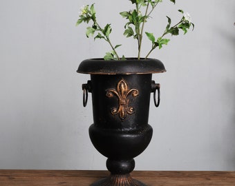 Fleur De Lis Metal Urn: Rustic Black Iron Garden Planter