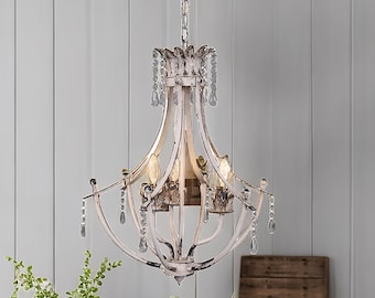 French Country Chandelier: Distressed White Finish, Crystal Accents, 3-Light Pendant