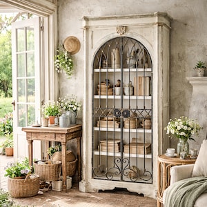 French Arched Display Cabinet with Iron Doors, Vintage Farmhouse Curio