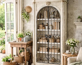 French Arched Display Cabinet with Iron Doors, Vintage Farmhouse Curio