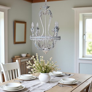 French Vintage Chandelier with Distressed Blue Detail, Ornate Ceiling Light