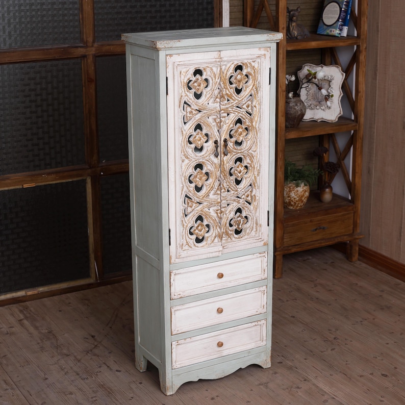 Narrow French Country Tall Cabinet with Carved Doors – Slim Distressed Storage Armoire afbeelding 11