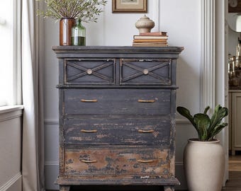 Rustic Black Distressed Wood Dresser: Farmhouse Storage Cabinet