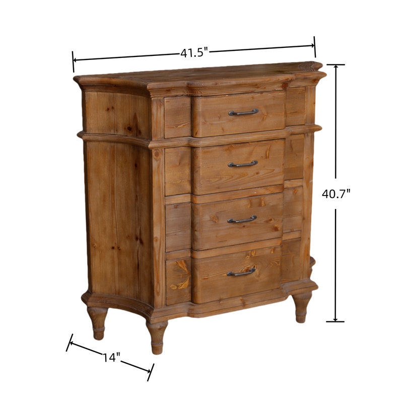 May include: A wooden chest of drawers with four drawers and a distressed finish. The chest is 41.5 inches wide, 40.7 inches tall, and 14 inches deep.