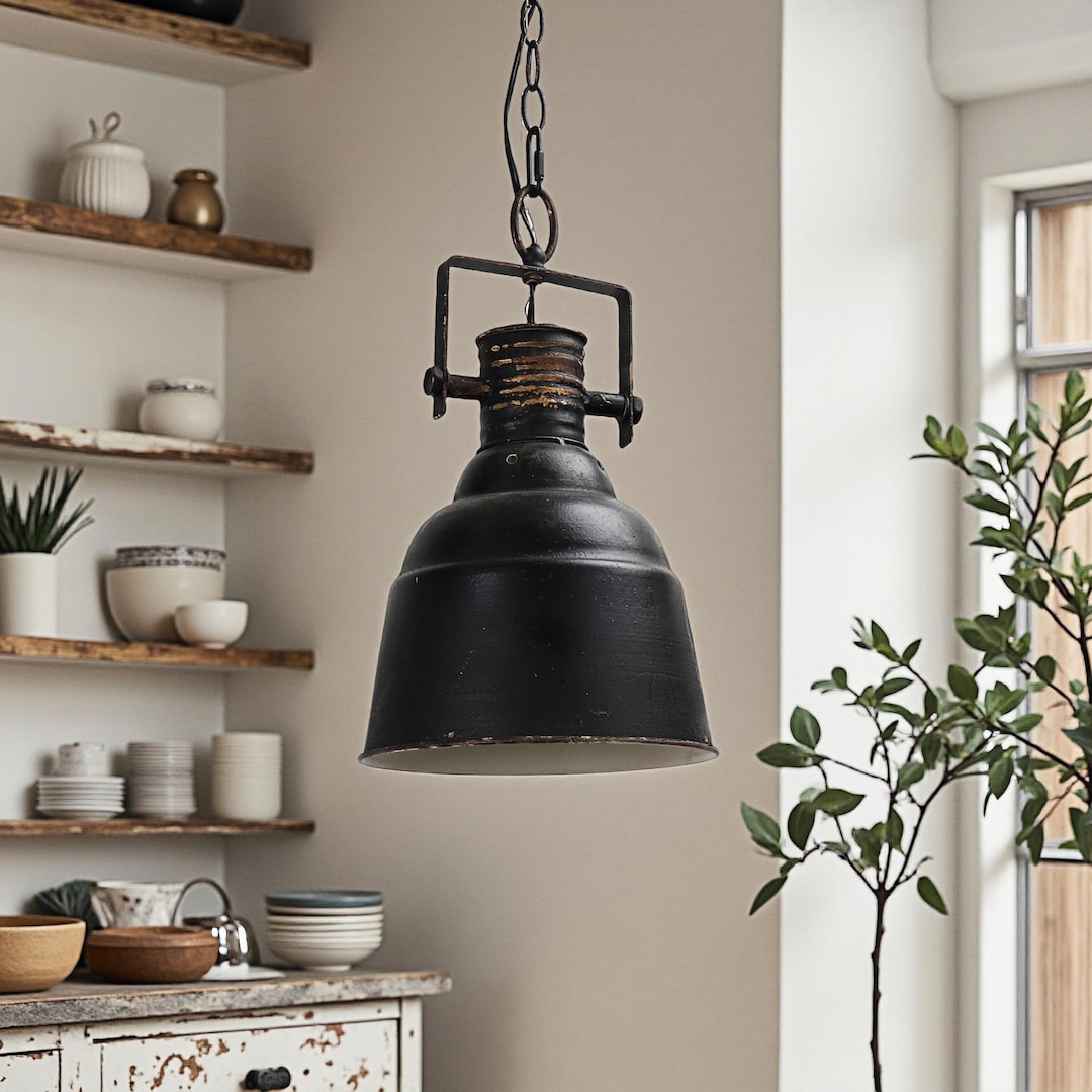 Rustic Farmhouse Pendant Light: Distressed Black Metal, Vintage Kitchen ...