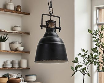 Rustic Farmhouse Pendant Light: Distressed Black Metal, Vintage Kitchen Lighting