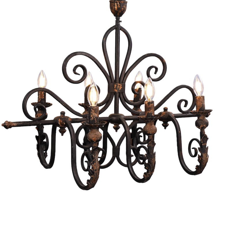 French Country Iron Chandelier, 6 Light Vintage Rustic Ceiling Light image 10