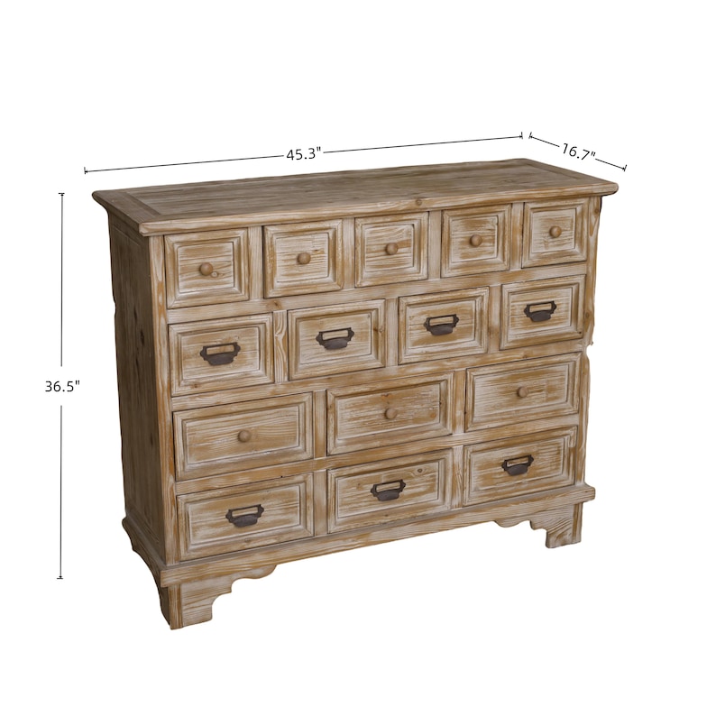 May include: A light brown wooden chest of drawers with multiple drawers. The chest is 115 cm wide, 42 cm deep, and 93 cm tall. It has a distressed finish and metal drawer pulls. The drawers are arranged in a grid pattern.