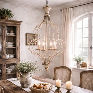 Lámpara de araña de hierro envejecido, lámpara de techo vintage de marco abierto blanco