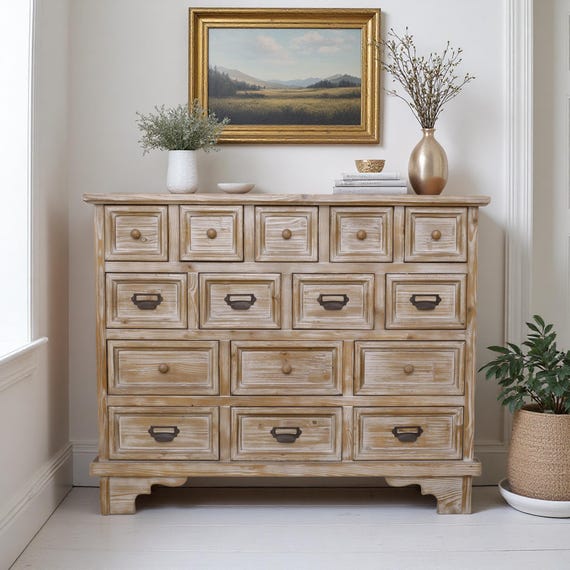 French Country Wooden Dresser with Multiple Drawers, Rustic Farmhouse Storage Chest