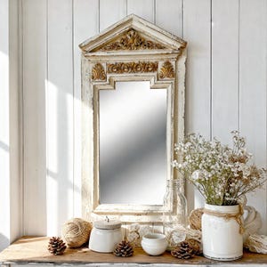 French Country Pediment Mirror – Distressed White with Gold Carved Details