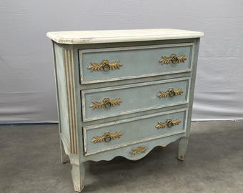Vintage French Chest - Light Blue and Gold 3-Drawer Cabinet with Carved Details