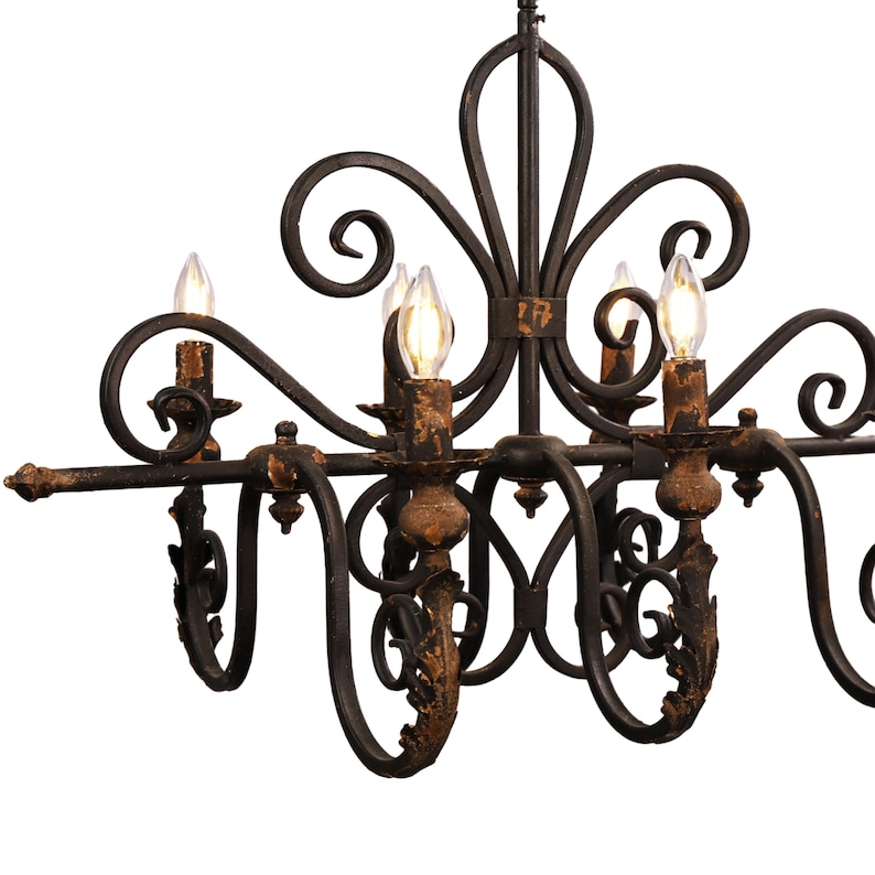 French Country Iron Chandelier, 6 Light Vintage Rustic Ceiling Light image 3