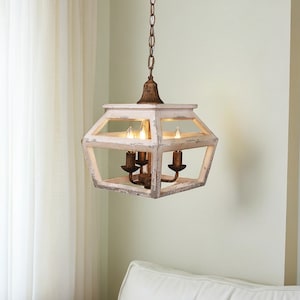 Farmhouse Wooden Lantern Chandelier - Rustic Whitewashed Light Fixture, Country Style Wood Pendant, Vintage Ceiling Lighting