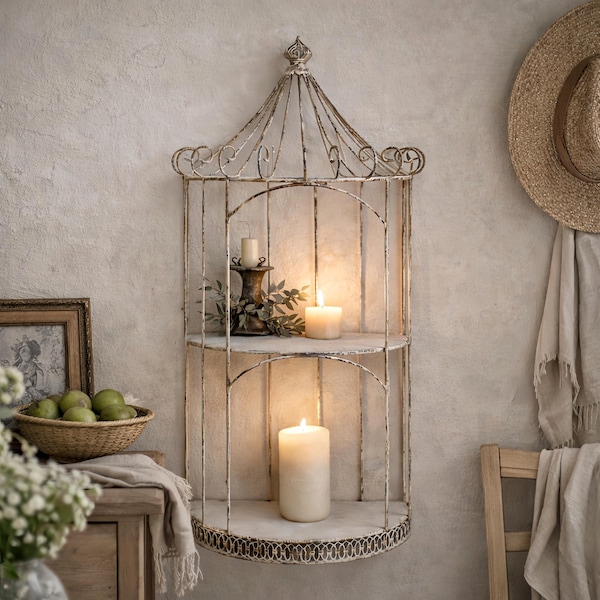 Vintage Birdcage Shelf: Rustic French Country Display Stand