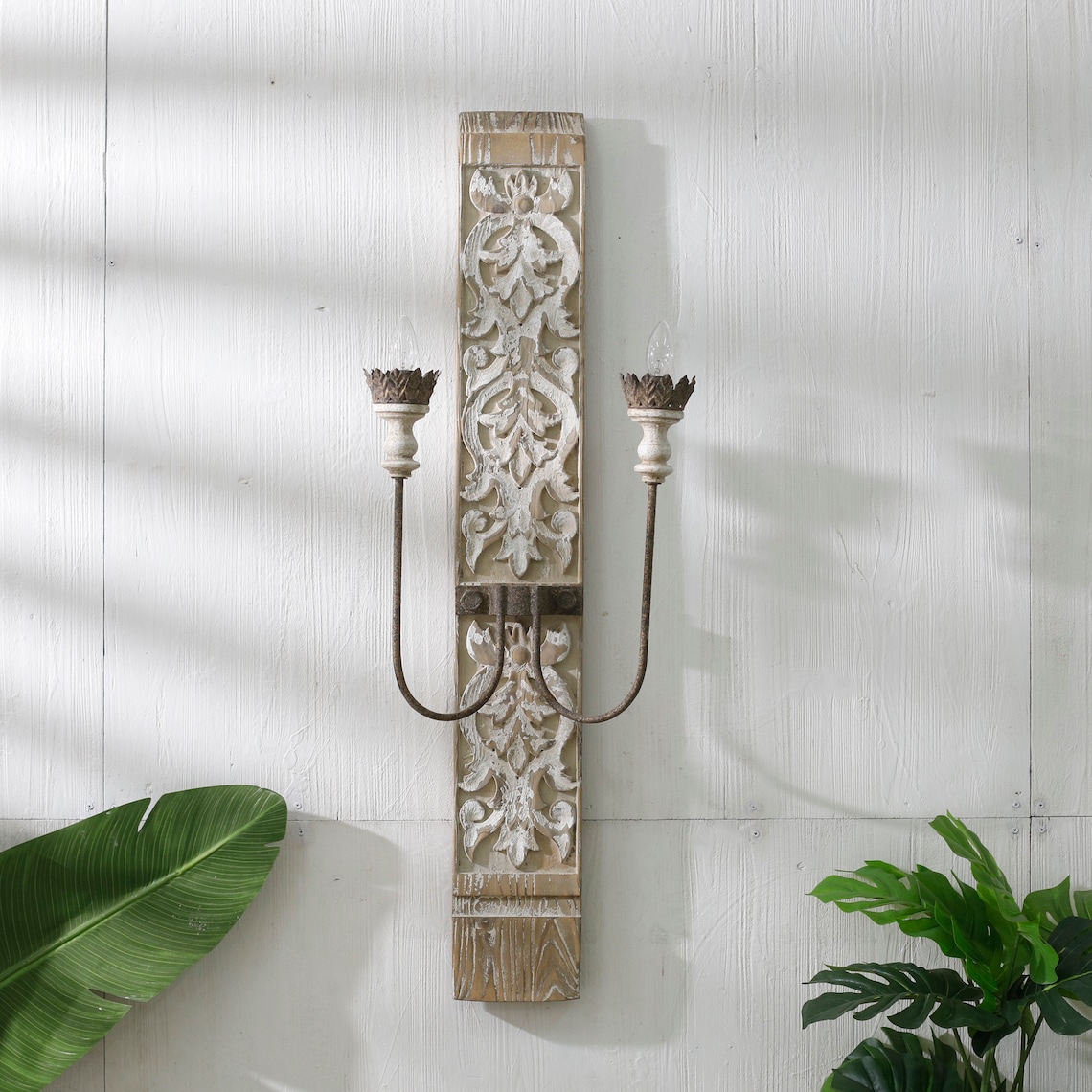 Rustic Wall Sconce, Carved Wood Wall Light, Antique Style Candle Holder ...