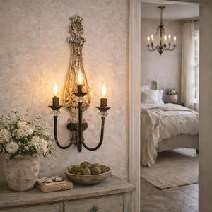 Puede incluir: Aplique de pared decorativo con tres luces en forma de vela. El aplique tiene un acabado crema y dorado con brazos de metal negro. Las luces están encendidas, creando un ambiente cálido. El aplique está montado en una pared texturizada.
