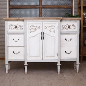 French Country Sideboard: Distressed White Wood Buffet Cabinet