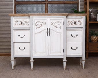 French Country Sideboard, Vintage White Buffet Cabinet, Distressed Wood Storage Cabinet, Shabby Chic Console Table, Rustic Farmhouse Dresser