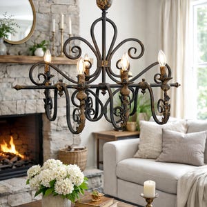 French Country Iron Chandelier, 6 Light Vintage Rustic Ceiling Light image 1