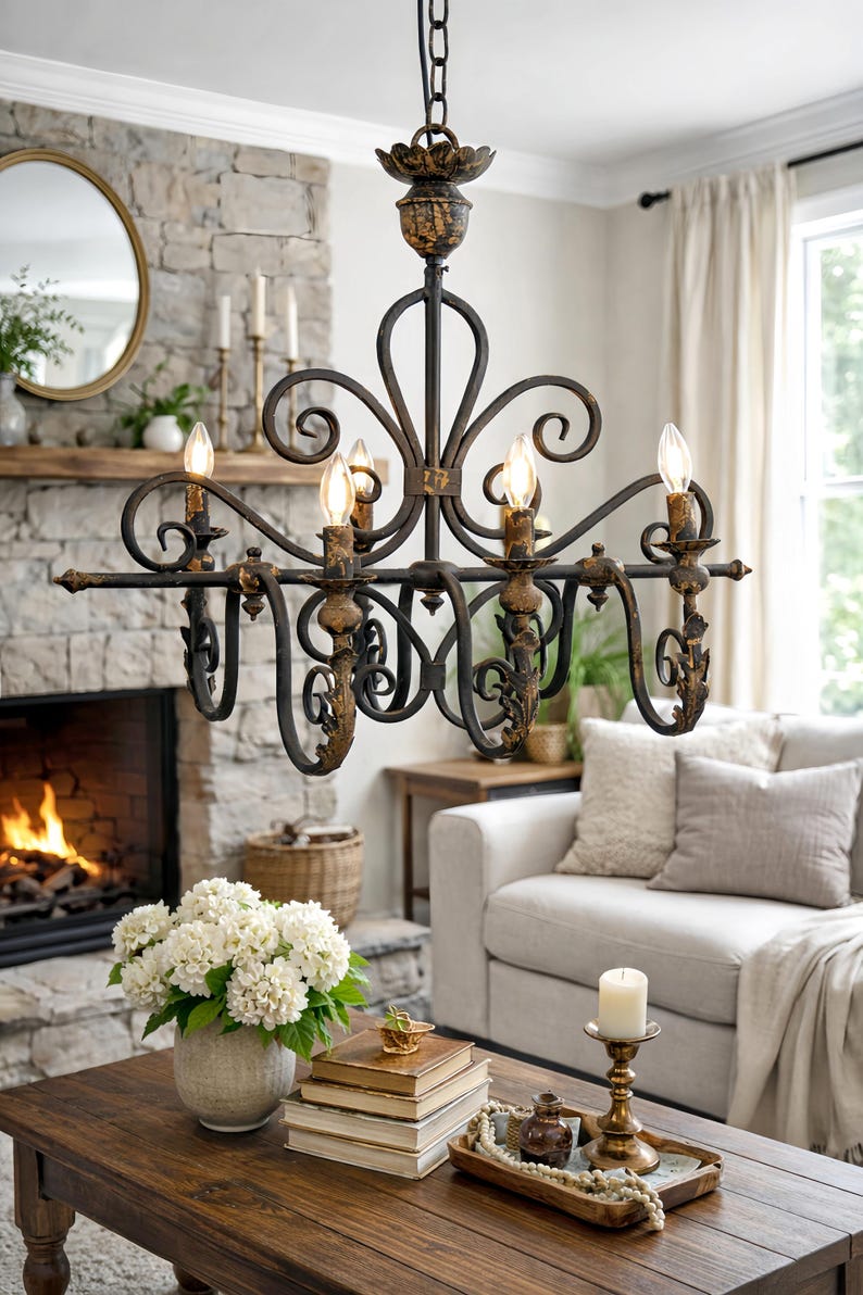 French Country Iron Chandelier, 6 Light Vintage Rustic Ceiling Light image 1