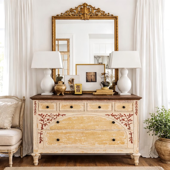 shabby chic cream dresser Vintage Painted Chest of Drawers | French Country Distressed 6-drawer Cabinet | Rustic Farmhouse Storage Drawer dresser Black Plus Size Tulle boat neck With its ample storage Size:12W