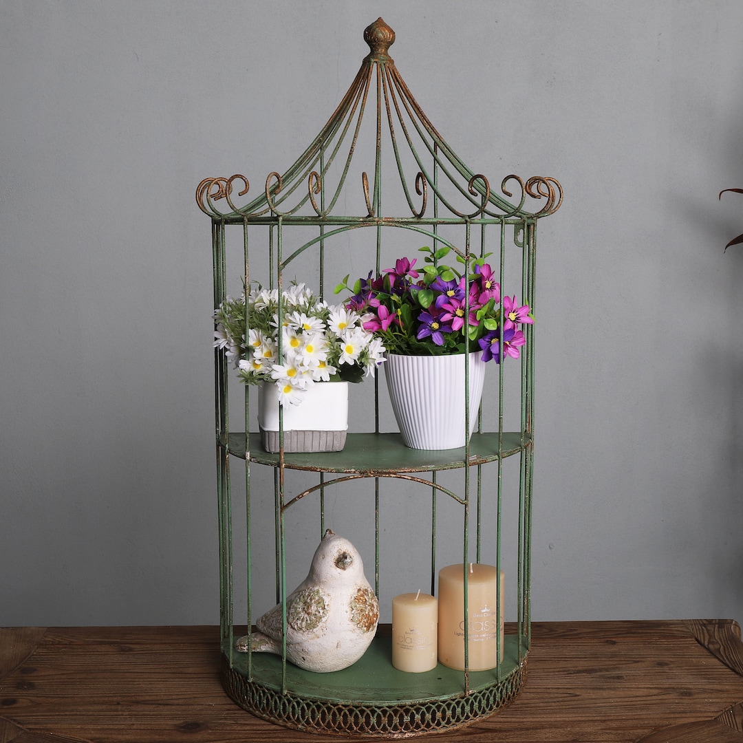 Image showcasing Vintage Green Metal Birdcage Shelf, Decorative Bird Cage Display ...