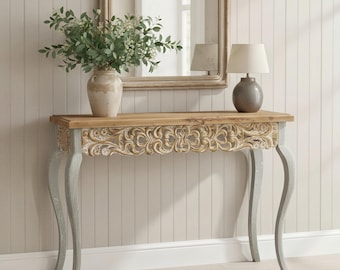 Vintage Carved Console Table: Distressed Sage Green French Country Accent