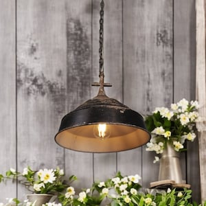 Rustic Industrial Pendant Light with Cross Detail - Antique Farmhouse Hanging Lamp - Vintage Church Bell Chandelier