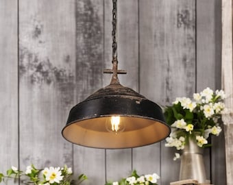 Rustic Industrial Pendant Light with Cross Detail - Antique Farmhouse Hanging Lamp - Vintage Church Bell Chandelier