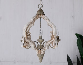 Vintage Wooden Chandelier - Antique Style Hanging Lamp for Rustic and Shabby Chic Interiors