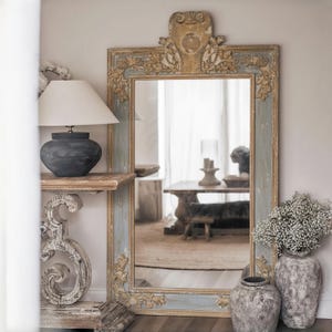 French Country Carved Wall Mirror: Distressed Green and Gold Antique Frame for Farmhouse Decor