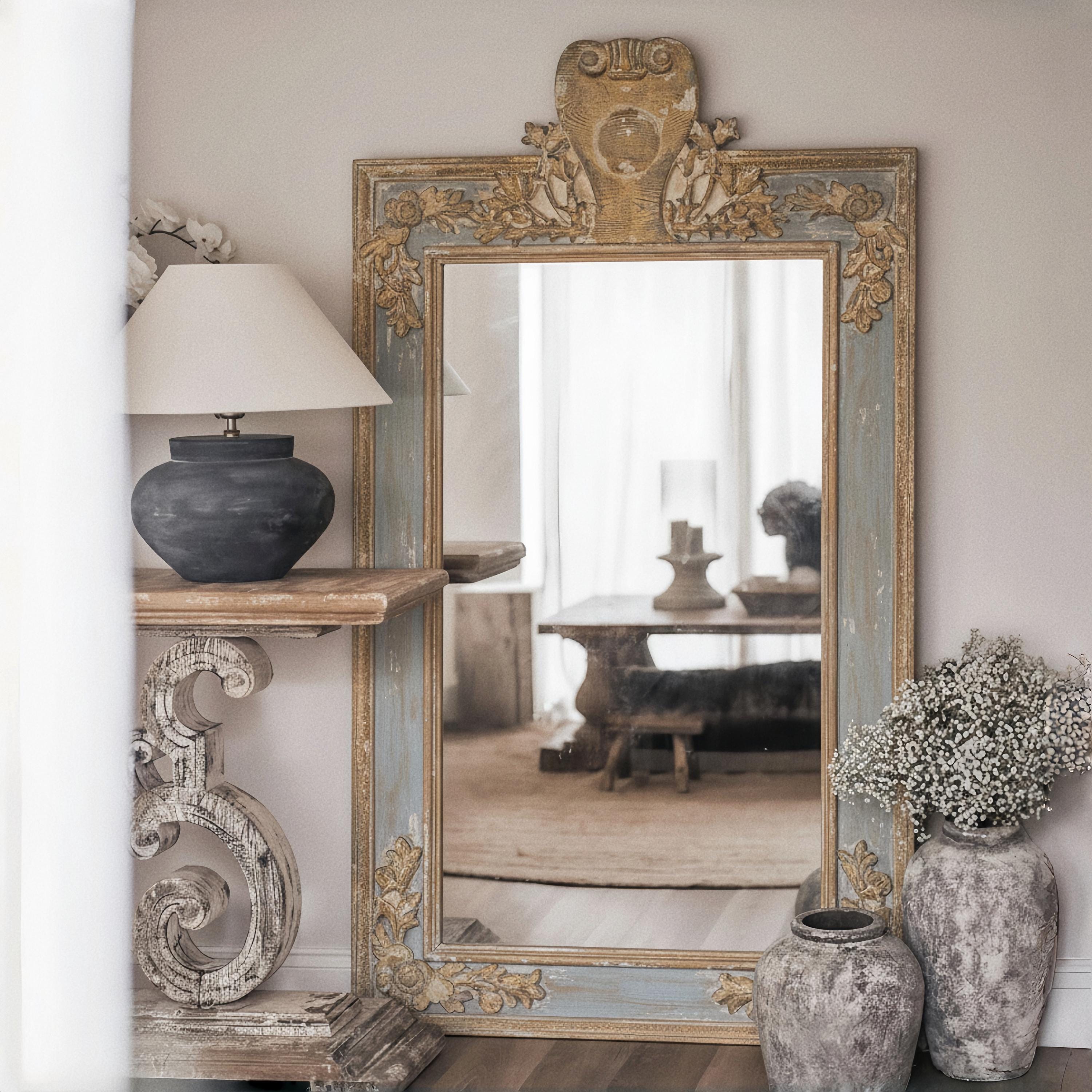 French Country Carved Wall Mirror: Distressed Green and Gold