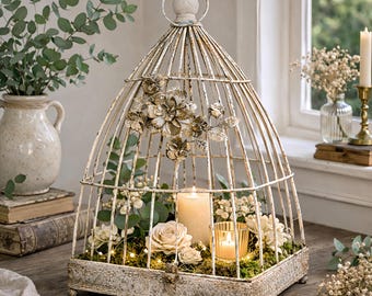 Vintage Birdcage Decor with Floral Detail, Rustic Decorative Cage