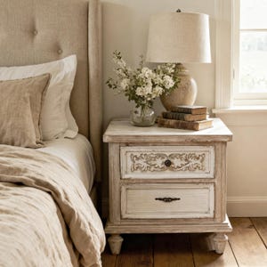 May include: A distressed white nightstand with two drawers, ornate carvings, and a dark knob. A beige lamp with a linen shade sits on top, along with books and a vase of white flowers. The nightstand is next to a bed with a beige headboard.