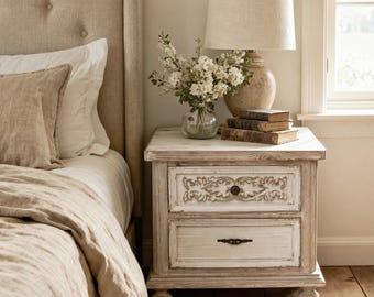 Vintage Nightstand Cabinet – Rustic Farmhouse Bedside Table with Drawers, French Country Accent Chest