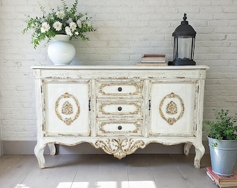 Vintage French Country Sideboard, Distressed Buffet Cabinet with Drawers, Shabby Chic Storage Console Table