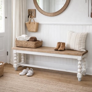 Rustic Wooden Bench, Farmhouse Entryway Bench, Distressed White Wood Bench