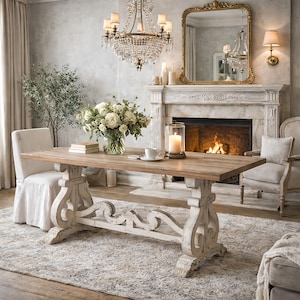 French Farmhouse Dining Table, Rustic Wood Trestle Table