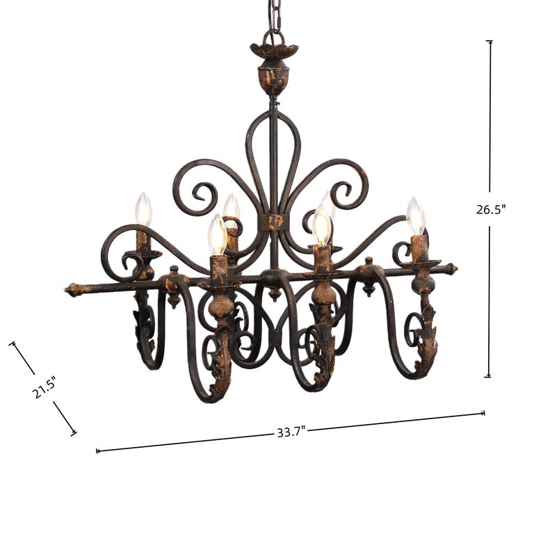 French Country Iron Chandelier, 6 Light Vintage Rustic Ceiling Light image 2