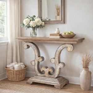 Consola estilo francés de estilo rústico con base de volutas envejecidas para entrada.
