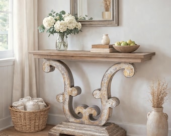 Table console country française - Base à volutes en finition vieillie