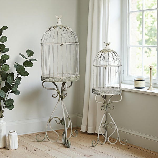 French Country Birdcage Stand Set: Distressed White Metal, Garden Wedding Decor