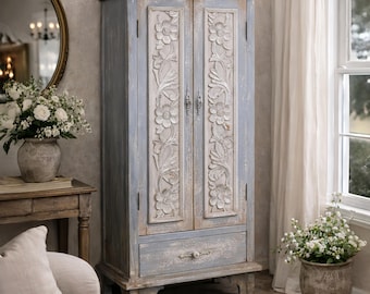 French Country Storage Cabinet, Distressed Floral Door Accent Cabinet