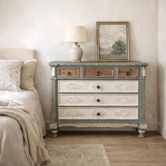 French Country 5 Drawer Dresser with Carved Front