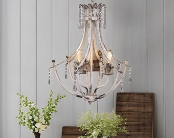 French Crystal Chandelier - Shabby Chic Vintage Lighting, Distressed Provincial Candelabra, Elegant Antique Home Decor