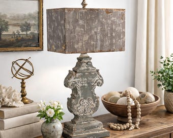 French Distressed Table Lamp, Vintage Carved Base, Farmhouse Accent Lamp