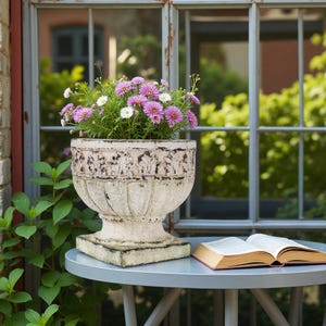 May include: A weathered, off-white urn-shaped planter filled with vibrant pink and white flowers. The planter sits on a small, round, light blue table next to an open book. The scene is set outdoors near a window.