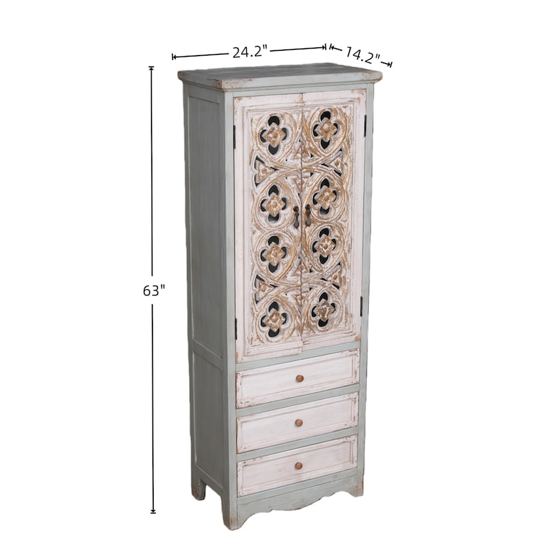Narrow French Country Tall Cabinet with Carved Doors – Slim Distressed Storage Armoire afbeelding 2
