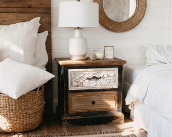 Vintage Farmhouse Nightstand: French Country Wood Bedside Table with Carved Drawer Front